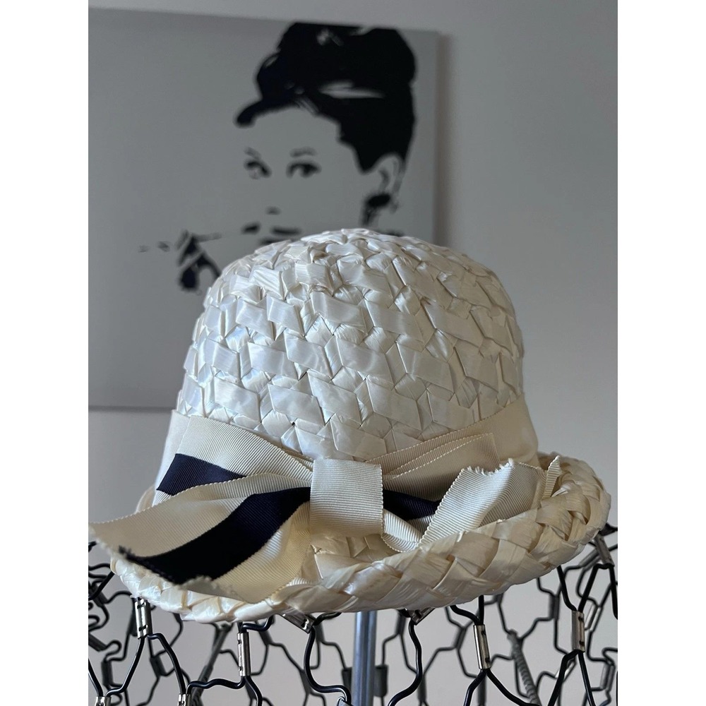 Vintage 60s Ivory Woven Straw Cloche Hat Navy Blue Stripe Ribbon Bow Cream